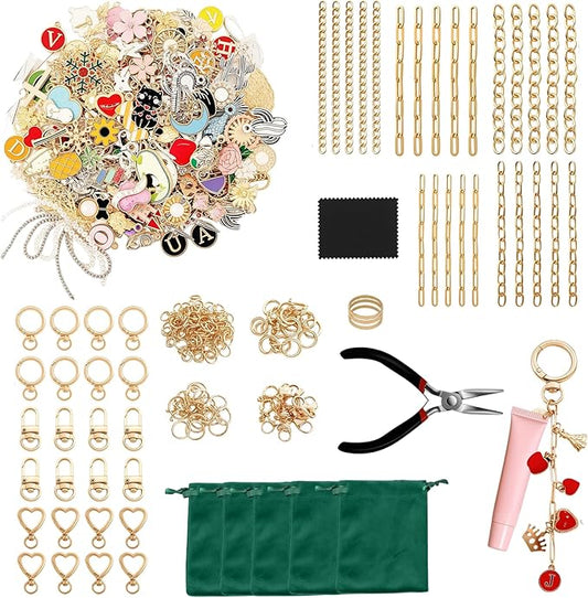 XUHAO7 544-Piece DIY Jewelry Making Kit - Birthday Gift Craft Set with Pendants, Keyring Hooks, Chains, Clasps & Tools - Free 5 Velvet Drawstring Pouches & Storage Box