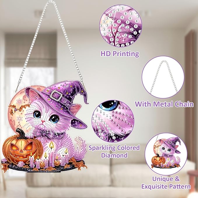 SENQAO Halloween Diamond Art Hanging Kits for Adults Beginners, DIY Acrylic 5D Special Shaped Crystal Diamond Gem Art Painting Hanging Ornament for Home Wall Decor and Gift（Cat Pumpkin Moon）