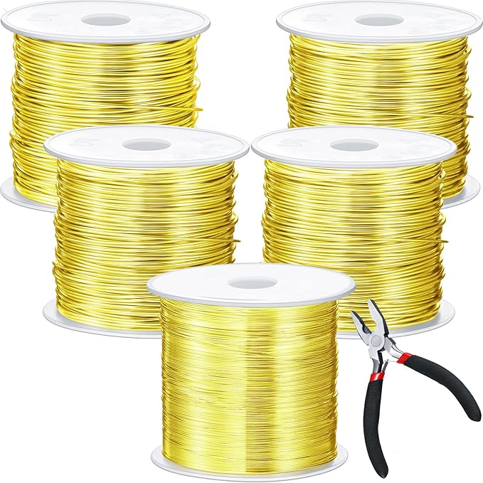 Funrous 5 Rolls 5 Size Jewelry Wire 18, 20, 22, 24, 26 Gauge Copper Wire Kit Jewelry Beading Bendable Craft Metal for Making Crafts, Sculpting with a Pliers(Gold)