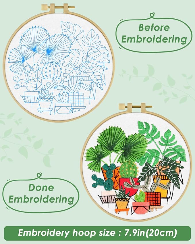 ERKOON Embroidery Kit for Beginners, Flower Cross Stitch Set for Include Embroidery Cloth Hoops Threads for Craft Lover Hand Stitch with Embroidery Skill Techniques (Greenery)