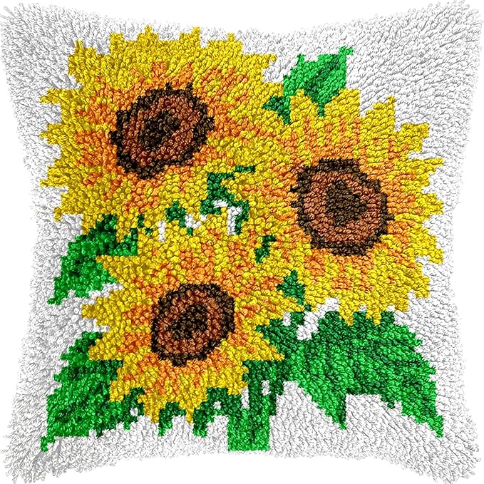 veirousa Sunflowers Latch Hook Pillow Kits for Adults Beginners, DIY Floral Throw Pillowcase Kit, Pre-Printed Rug Hooking Set, Cross-Stitch Cushion for Home Sofa Decor & Gift Idea 17x17 Inch