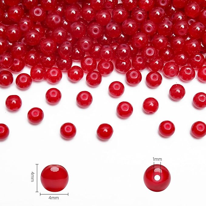 400PCs 4mm Red Jade Glass Beads Bulk, Round Smooth Hole Glass Crystal Beads for Jewelry Making, DIY Bracelets, Necklaces, Bag Charms, Keychains and Craft Projects