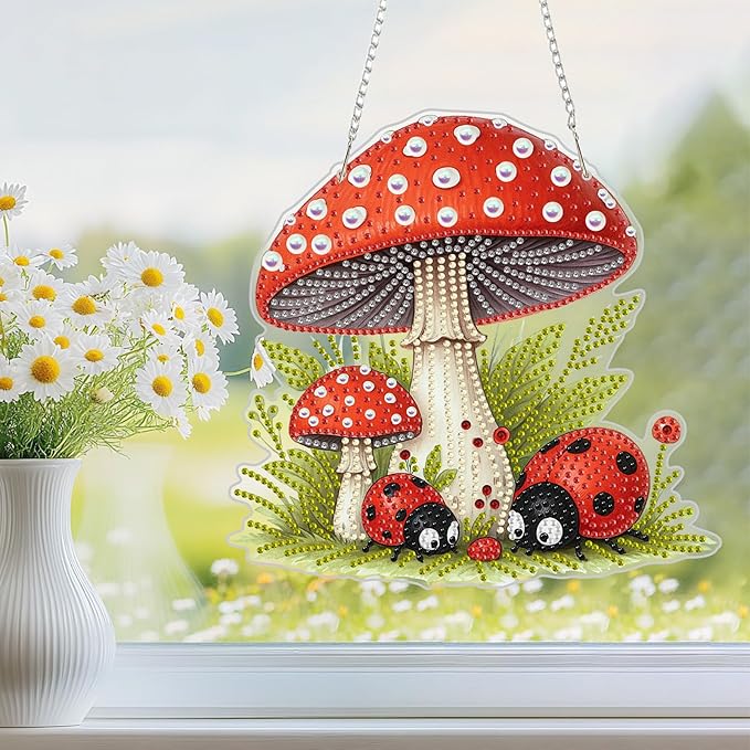 NEWENMO Diamond Art Hanging Kit for Adult, Cartoon Mushroom, DIY Double Sided Acrylic Special Shaped Diamond Art Painting Window Pendant Ladybug Mushroom, Home Garden Wall Hanging Ornament Kits