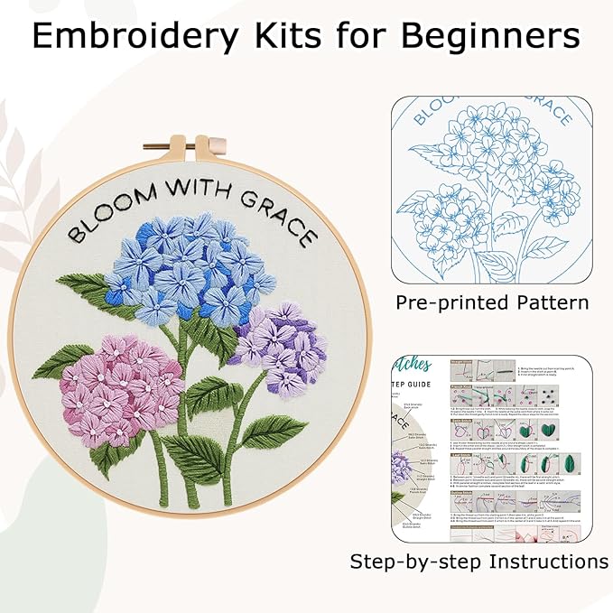 Nuberlic Hydrangea Embroidery Kits for Beginner Adults Cross Stitch Kit with Stamped Pattern Include Cloth Hoops Threads Needles