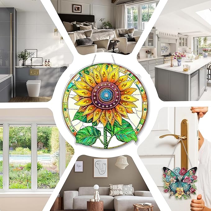 SKRYUIE Sunflower Hanging Diamond Art Kits for Adults Pendant Suncatcher, Special Shaped Crystal DIY Pearl Diamond Painting Kit, Gift for Mother Spring Summer Window Wreath Decor 7.6 x 7.6 Inch A27