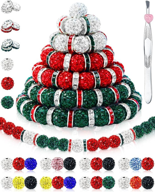 180pcs fiveizero 10mm rhinestone beads for jewelry making – sparkly round crystal clay beads & spacers in christmas & baseball team colors for bracelets, necklaces & diy crafts (green, red, white)