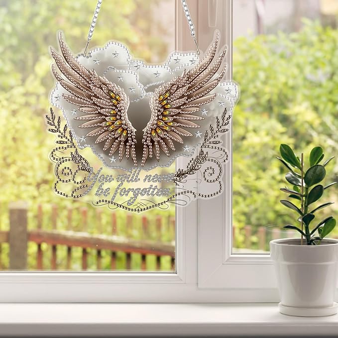 HEIBAGO Angel Wings Diamond Art Hanging Kits for Adults, Diamond Art Suncatchers You Will Neve be Forgotten, 5D Special Shape Diamond Painting Pendant, DIY Window Ornament Gifts Wall Decor 8.3 x 8.3In