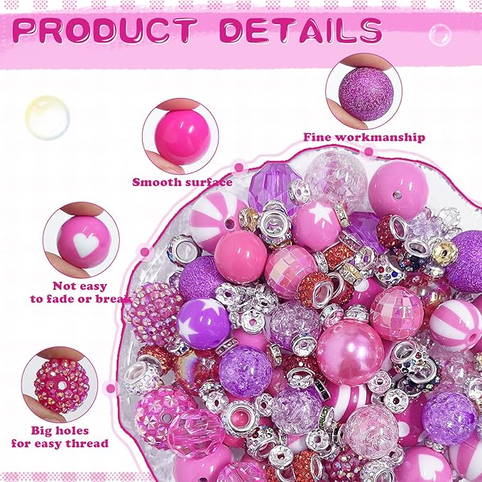 163 Pcs Pen Beads for Beadable Pens: Bubblegum Beads for Pen Making Bulk with Spacer Bead Rhinestone Bead (Rose Red)