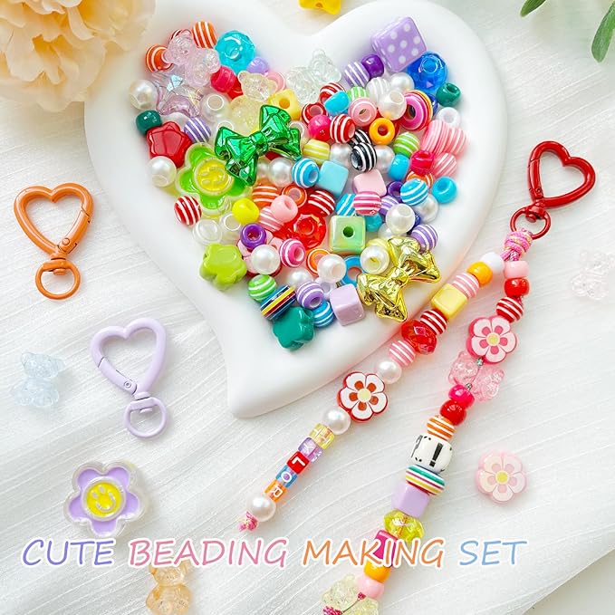 BOAJUNWU 452PCS Beaded Keychain Making Kit for Women,Bead Jewelry Making Kit Bag Charms DIY Key Chain Beads Supplies Crafts Valentine Day Gift