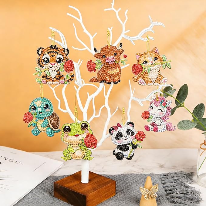 Masendp 8 Piece 5D DIY Animal Diamond Painting Double Sided Keychain Set, Flower Diamond Pendant Hanging Animal Art Decoration for Adult Beginner Pack Birthday Family Party Decoration