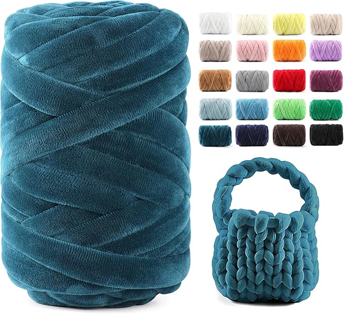 Chunky Yarn for Hand Knitting & Arm Knitting - 0.66lb Super Bulky Velvet Chenille Tube Yarn for DIY Pillows, Pet Beds, Baskets & Home Decor | No Tools Needed, Machine Washable, Deep Teal,1 Pack