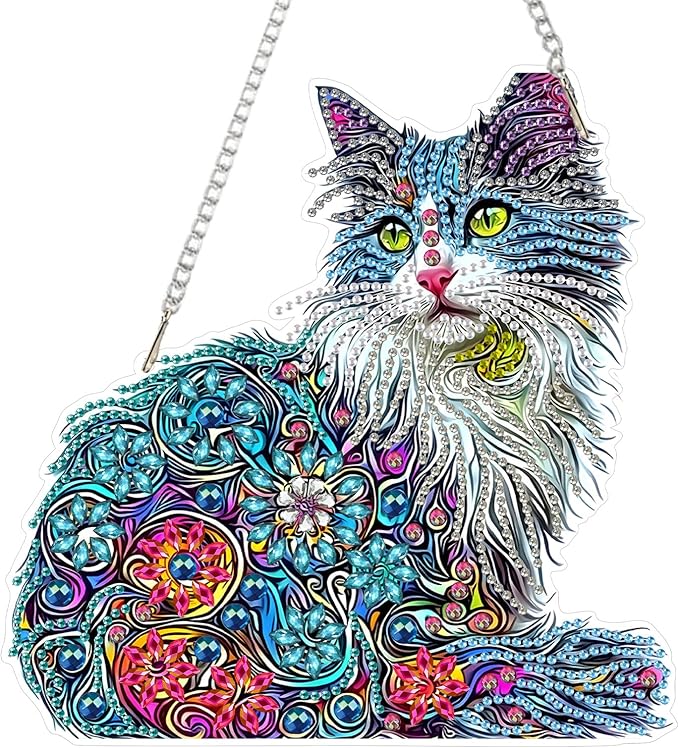 SENQAO Cat Hanging Diamond Art Painting Kits for Adults Beginners, 5D Special Shape Diamond Art Kits, Cat Crystal Rhinestones Diamond Gem Art Painting for Home Garden Wall Decor