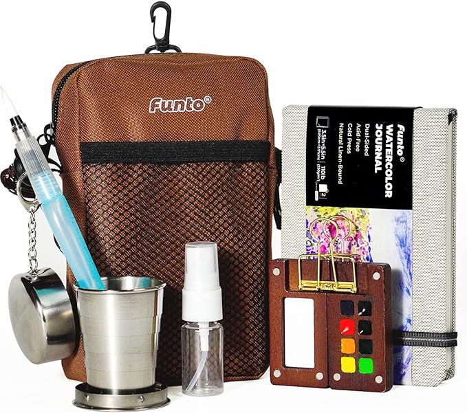 Funto Mini Watercolor Paint Set, All-in-One Walnut Wood 8-Color Premium Pocket Travel Paint Kit, with Crossbody Bag, Watercolor Journal, Metal Clip, Paint Water Cup, Water Brush, Ideal for Art Lovers