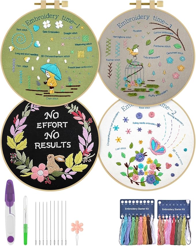 ERKOON 4 Pack Beginner Embroidery Kits for Adults DIY Starter Kit with 33 Stitch Techniques, Stamped Patterns, Embroidery Hoop, Colorful Threads, Tools, Step by Step Instructions & Video Tutorial