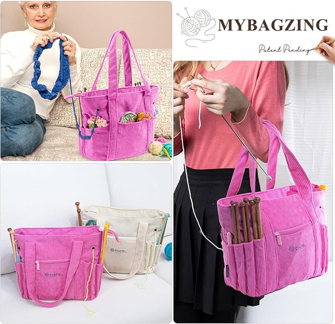 Crochet Bag and Tote - Corduroy Yarn Bag - Yarn Holder for Crocheting - Crochet Storage Bag for Crochet Hooks, Crochet Accessories, Knitting Bag for Crochet Lovers, Mom Gift
