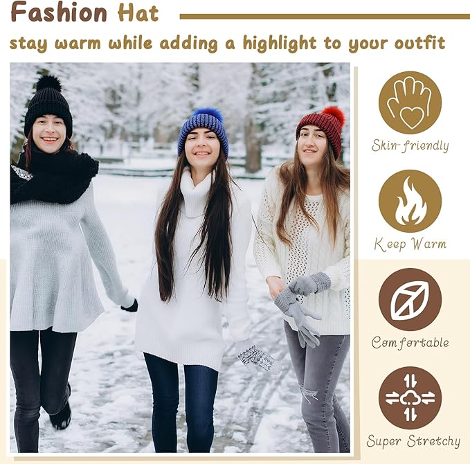 Syhood Knitting Kits for Beginners Adults Hat Knit Kit with Yarn, Bamboo Needles, Faux Pom Practical and Easy to Use Complete Beginners for Women and Men Lovely Present (Black, Burgundy, Navy Blue)