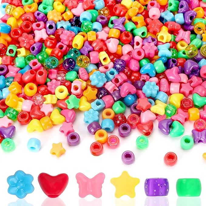 UPINS 1200 Pcs Colored Shaped Pony Beads -Large Perforated Assorted Heart Flower Star Butterfly Beads for Pipe Cleaners Friendship Bracelets Necklace for Classroom Crafts Screen-Free Fun for Kids