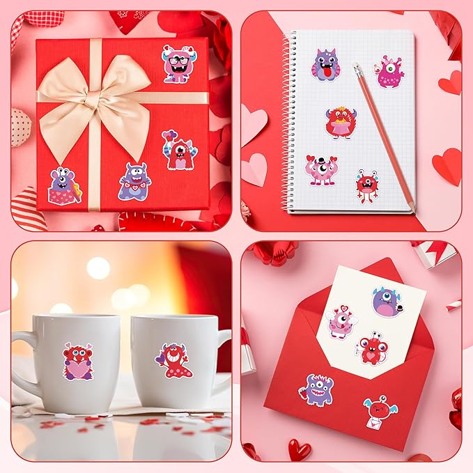 beyumi valentine red monster sticker - 1000pcs valentine's day cute monster stickers in 2 rolls adhesive decorative sticker valentine waterproof decal greeting card envelope party gift decor