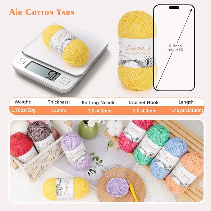 Coopay Yarn for Crocheting and Knitting - 78% Cotton 22% Acrylic - 10 Pack of 50g/1.76oz (CYC #2) - Soft Crochet Yarn Cake, Vibrant Colors for Toys, Sweaters, Scarves, Hats - Beginner Friendly