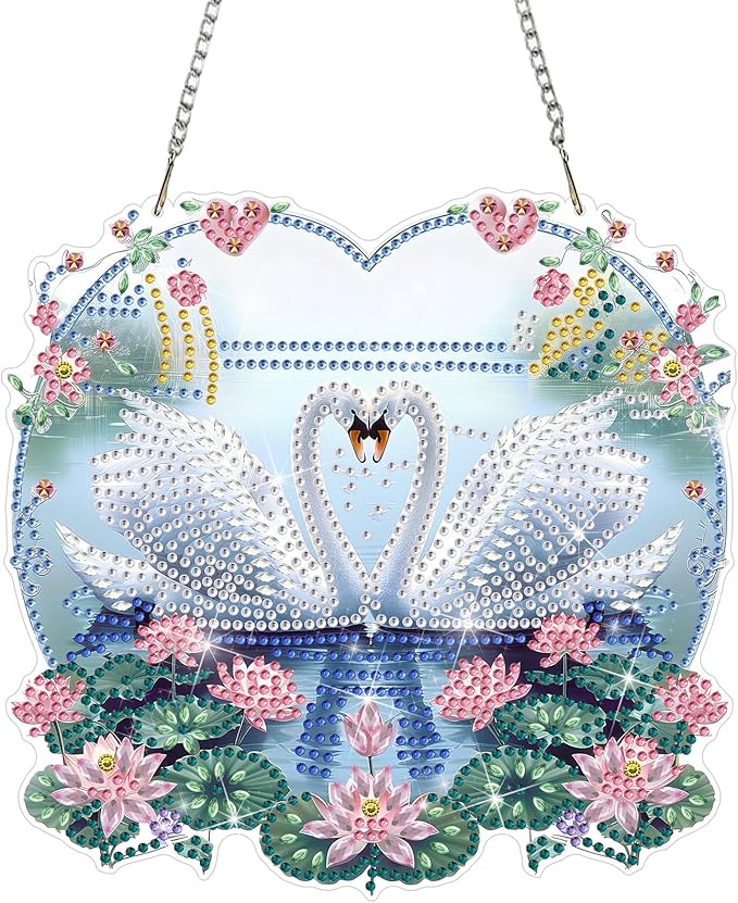 DOMROM Swan Diamond Art Hanging Kits for Adults Beginners, Special Shaped Crystal Diamond Painting Swan Pendant, DIY Diamond Art Suncatchers Animal for Home Garden Wall Decor Gift