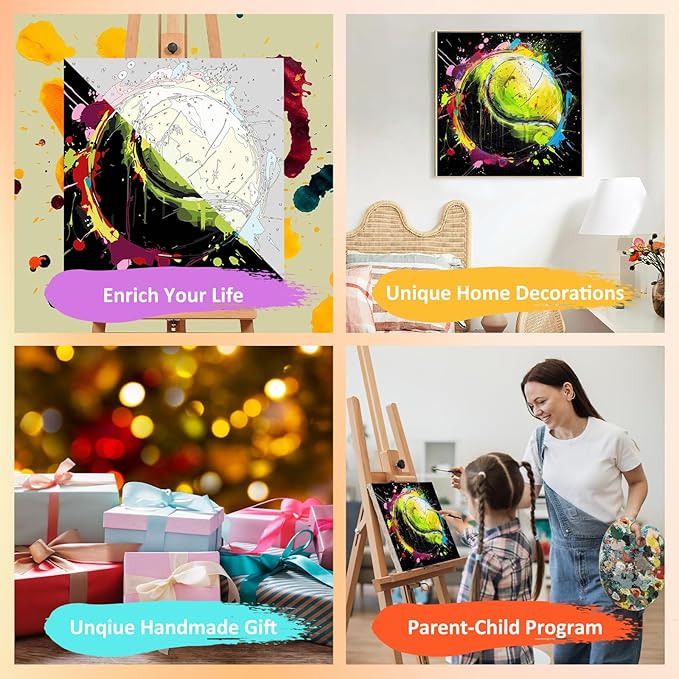 Paint by Numbers Kit for Kids with Frame, Tennis Paint by Numbers for Kids Ages 4-8-12, DIY Tennis Acrylic Oil Painting for Home Wall Art Decor Gift 7.8x7.8 inch (with Frame Easel)