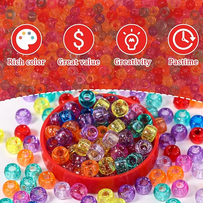 glitter pony beads for bracelet 8050 pcs multi-colored beads bulk for hair jewelry making braiding diy crafts kandi key chains and ornaments decorations 9 assorted colors,boxed (8050)