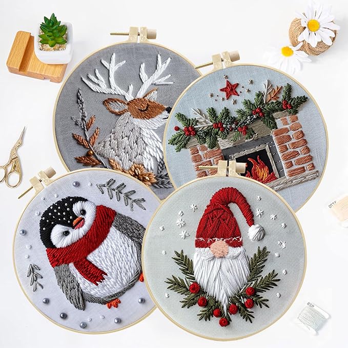 LB Christmas Gnome Embroidery Kit for Beginners: 4-Piece Cross Stitch Set with Penguin, Deer, Green Plant & Fireplace | Adults DIY Starter Kit Includes Hoop, Threads, Tools and Instructions