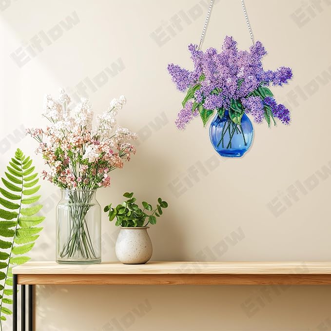 Eiflow DIY Hanging Diamond Art Kit Violet Flower, Acrylic Diamonds Painting Pendant Board Kit Flower, 5D Gem Art Ornament Kit for Adults, Double Sided