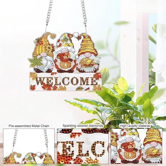 AiYuanzsh Autumn Gnome Diamond Painting Hanging Sign, 5D DIY Acrylic Crystal Rhinestone Diamond Art Kit Pendant, Welcome Fall Decor for Door, Wall or Porch