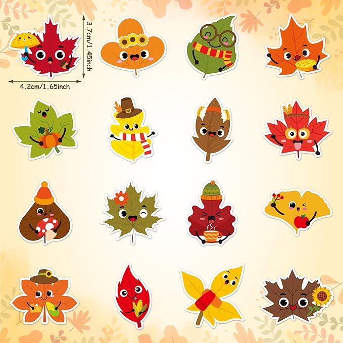 beyumi fall maple leaves sticker - 1000pcs fall cute leaf stickers in 2 rolls autumn thanksgiving adhesive maple leaf decals with expressions harvest party favor classroom office bottle decor for kids