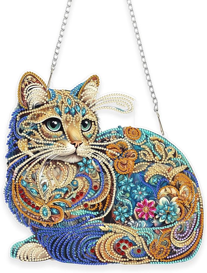 Nivvey DIY Hanging Diamond Art Pendant Painting Kit Cat, Acrylic Diamond Art Board Ornament for Adults,9.4x9.6inch