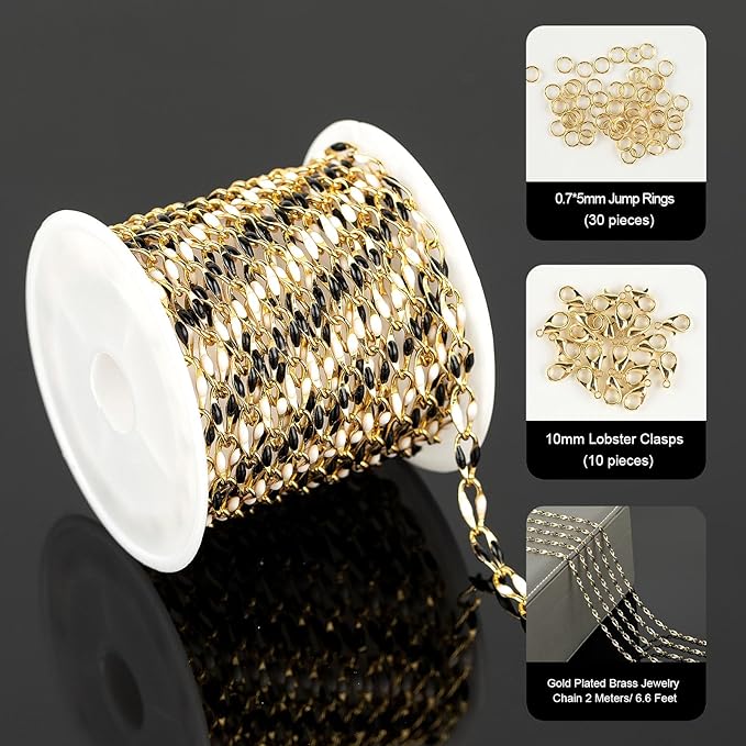 YOUBEIYEE 2 Meters Jewelry Chains Bulk Black White Enamel Cable Chain Necklace DIY Gold Plated Brass Chain for Jewelry Making