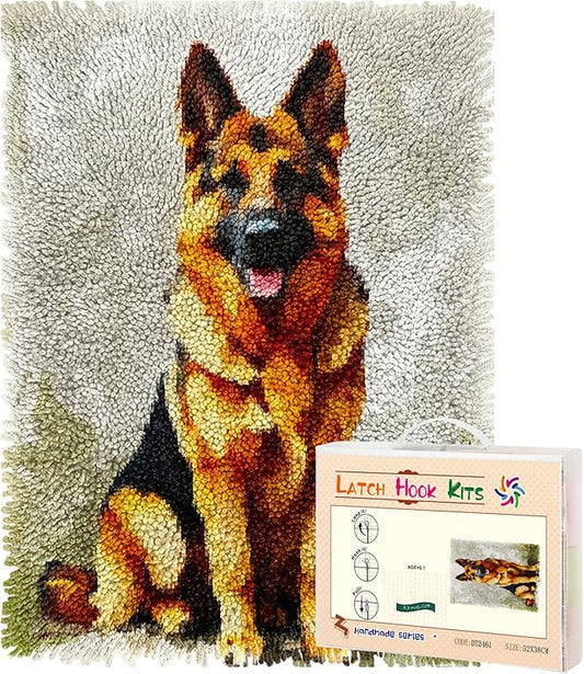 Latch Hook Rug Kit Cute German Shepherd Dog Pre-Printed Handmade Carpet Crochet Yarn Craft DIY Hook and Latch Door Mat Tapestry for Home Floor Decoration 52x38cm-1