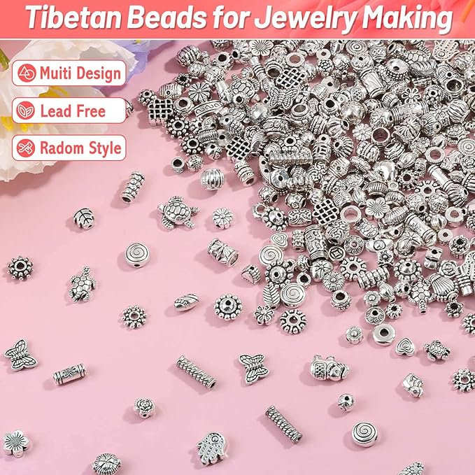 500 Pcs Bracelet Spacer Beads, Silver Bulk Random Styles Loose Spacer Metal Charm for Necklace, Earring Making DIY Jewelry Accessories