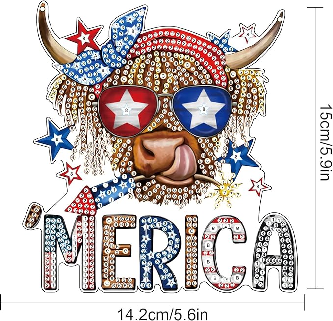 AiYuanzsh Independence Day Diamond Art Painting Hanging Pendant Kit Special Shaped Diamond Dots Art Acrylic Ornaments Merica Cow 4th of July Diamond Art Pendant for Adult Home Wall Window Decor Gift
