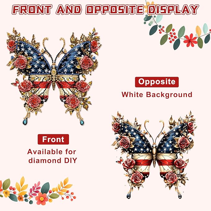 KEYIFA American Flag Hanging Diamond Art Painting Kits for Adults and Kids Age 8-12, 5D Special Shape Diamond Dots Kit Butterfly, Crystal Gem Painting Art Crafts for Window, Wall, Door, Garden Decor