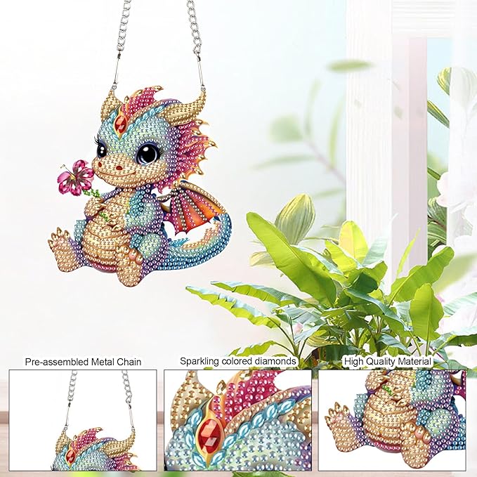 Cute Dragon Diamond Art Kits for Adults Hanging Sign, Special Shaped Diamond Painting Pendant Suncatcher, DIY 5D Crystal Rhinestone Dragon Diamond Art Ornament for Wall Door Window Home Decoration