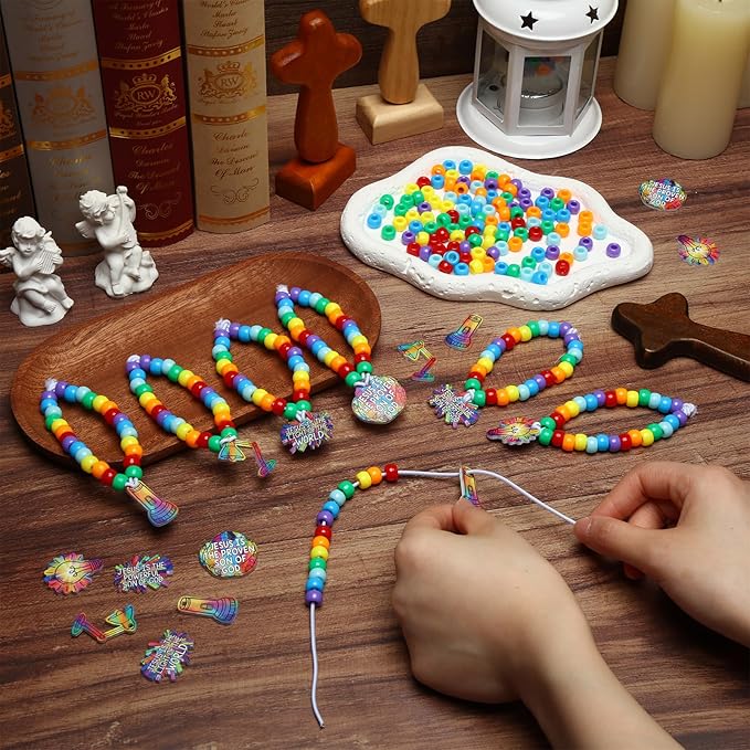 Tondiamo 24 Sets VBS 2026 Bracelet Crafts Kits Illumination Theme Bracelet Making Kit DIY Light Bulb Rainbow Bead Wristband Charms for Vacation Bible School Jewelry Making Supplies