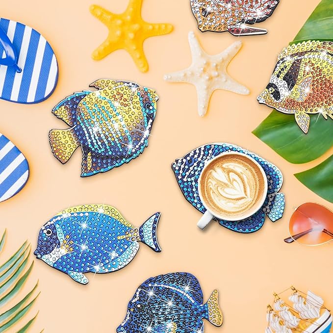 YLOLUL 10 Pcs Summer Fish Diamond Art Coasters Tropical Fish Shape Diamond Art Kits DIY Coasters with Holder for Beginner Adults Kids Craft Supplies Gift