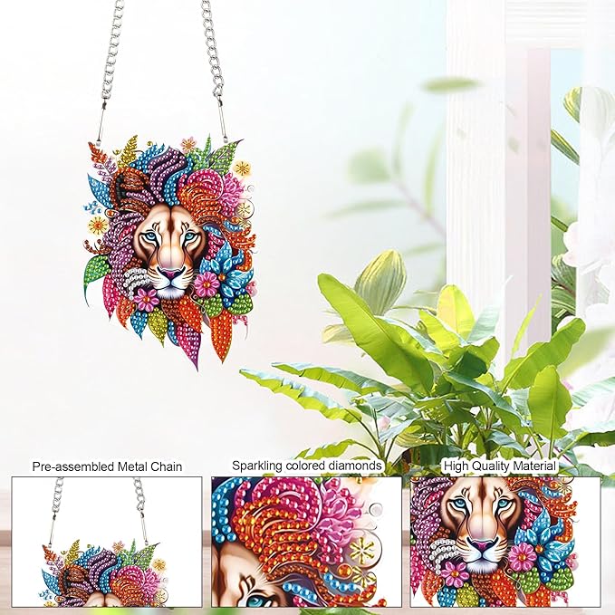 Lion Diamond Painting Hanging Pendant Kit, DIY Crystal Acrylic Sun Catcher Diamond Art for Adults, 5D Special Shaped Rhinestone Ornament for Window, Wall or Garden Decoration, Handmade Animal Gift