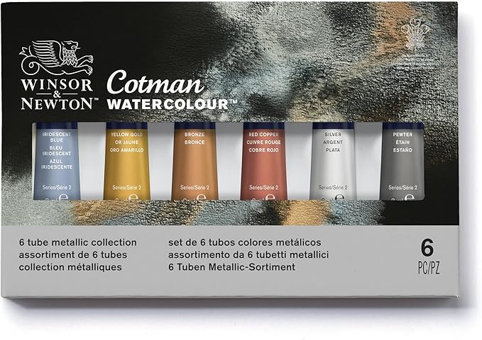 Winsor & Newton Cotman Watercolor Paint Set, 6 Metallic Colors, 8ml (0.27-oz) Tubes