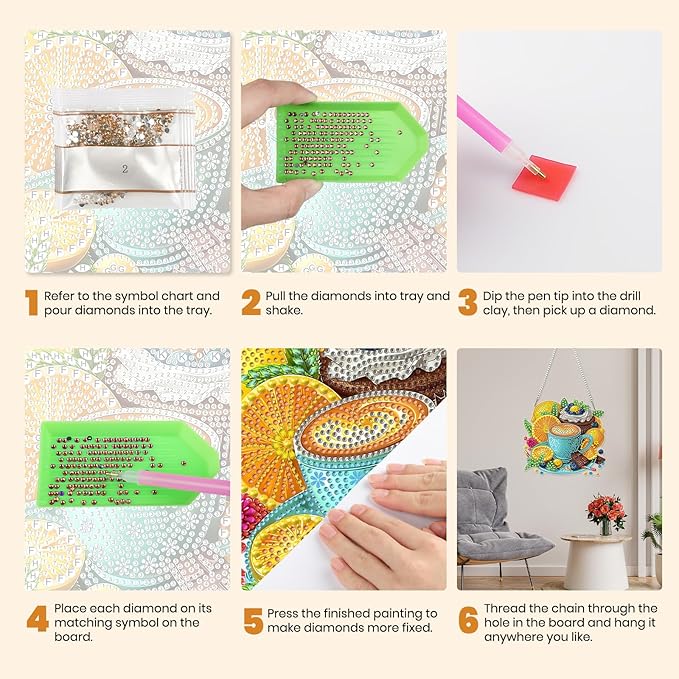 MXJSUA Coffee Lemon Diamond Art Hanging Kits for Adults Beginners, DIY Acrylic Special Shaped Crystal Diamond Gem Drills Pendant Art Painting Ornament for Home Wall Decor Gift 8x8 inch