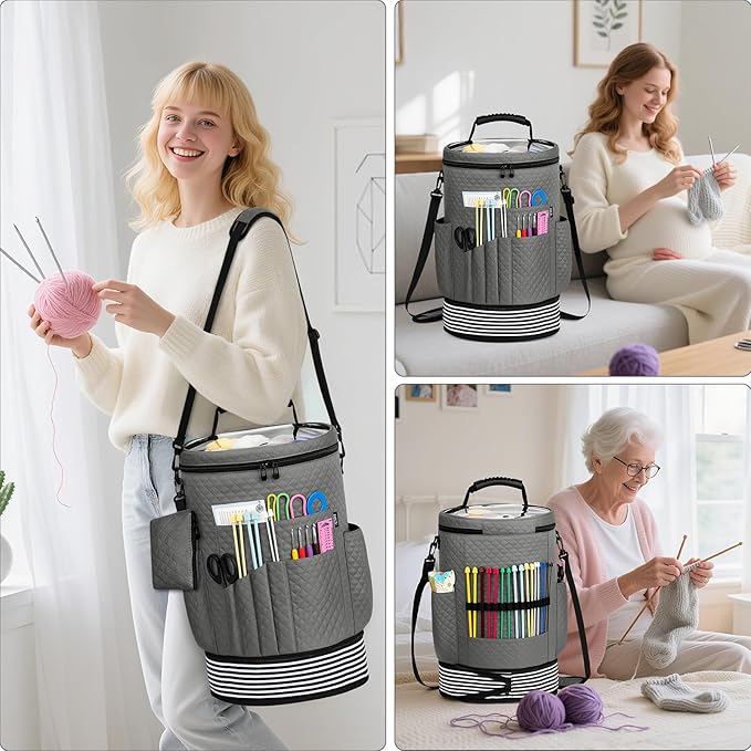 IBFUN Crochet Yarn Knitting Bag 3PCS - Expandable Yarn Storage Organizer Crocheting Bag with Accessories Cases Adjustable Strap for Hooks, Needles, Accessories, Crochet Lovers, Supplies, Beginners