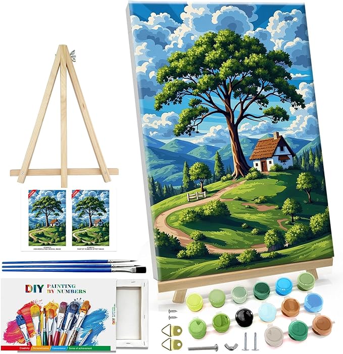 ATDMS Paint by Numbers Kit for Adults with Frame Landscape Paint by Number with Easel Tree Adult Paint by Number Kits Framed Canvas DIY Mountain Acrylic Oil Painting kits for Home Wall Decor 8x12 Inch