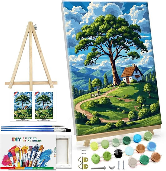 ATDMS Paint by Numbers Kit for Adults with Frame Landscape Paint by Number with Easel Tree Adult Paint by Number Kits Framed Canvas DIY Mountain Acrylic Oil Painting kits for Home Wall Decor 8x12 Inch