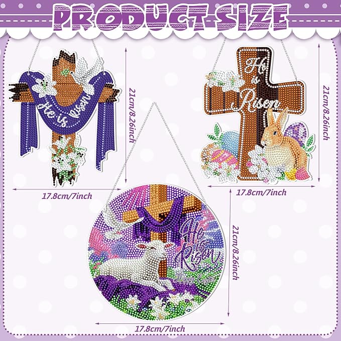Menkxi 3 Pcs Easter Diamond Art Kits for Adults He is Risen Cross Diamond Painting Kits 5d DIY Religious Christian Jesus Hanging Signs for Crafts Art Door Wall Home Indoor Outdoor Hanger Door Decor