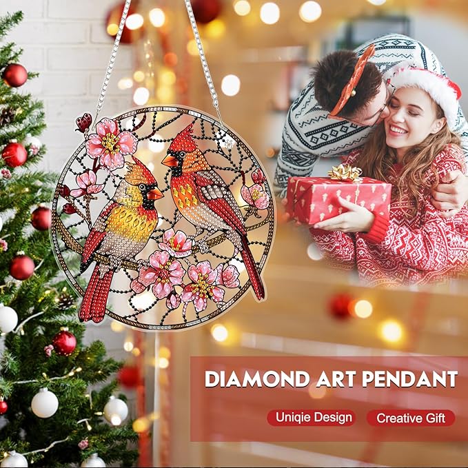 NEWENMO Hanging Diamond Art Kit for Adult, Cardinal, 5D Special Shaped Rhinestone Diamond Painting Ornament, Flower Bird, DIY Acrylic Diamond Art Painting Window Pendants Home Garden Wall Decor