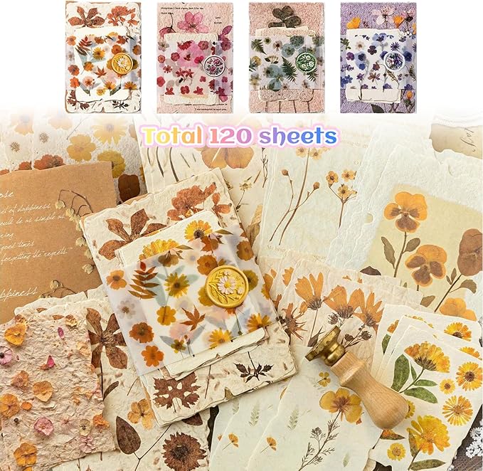 120Pcs Floral Vintage Scrapbook Supplies Kit Textured Paper Embossed Rice Paper for Crafts,Junk Journal Supplies Bullet Journaling,Decoupage Card Making,DIY Mixed Media Collage Card