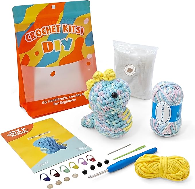 Kovarela Beginners Crochet Kit with Simple Crochet Yarn - with Step-by-Step Video Tutorials (Cute Dinosaur)