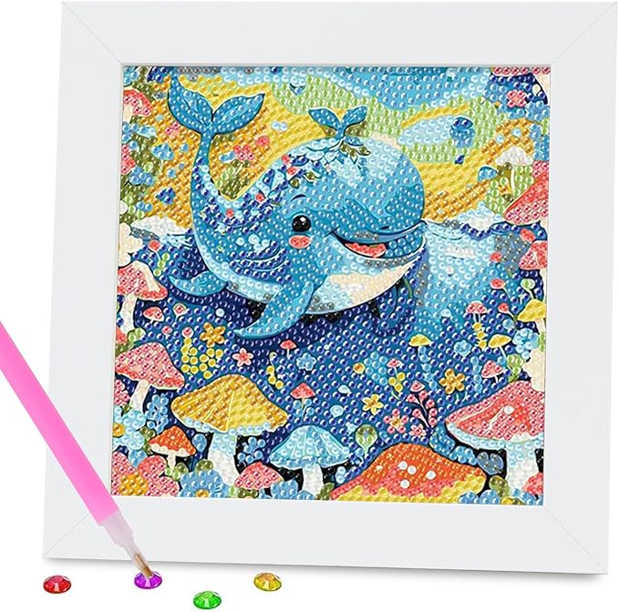 PERFECTSIGHT Cute 5D Diamond Art Kits with Wooden Frame, Kawaii DIY Painting Art for Adults Teen, Diamond Arts and Crafts Sets, Big Gem Full Drill Diamond Dots for Women Beginners (Whale)